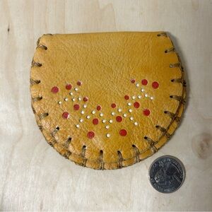 Vintage Light Orange Tan Leather Coin Purse Wallet with Red and White Accents